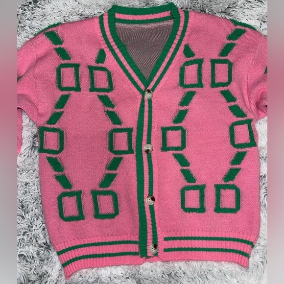 Retro style Cardigan Jersey Pink and Green - Picture 3 of 8